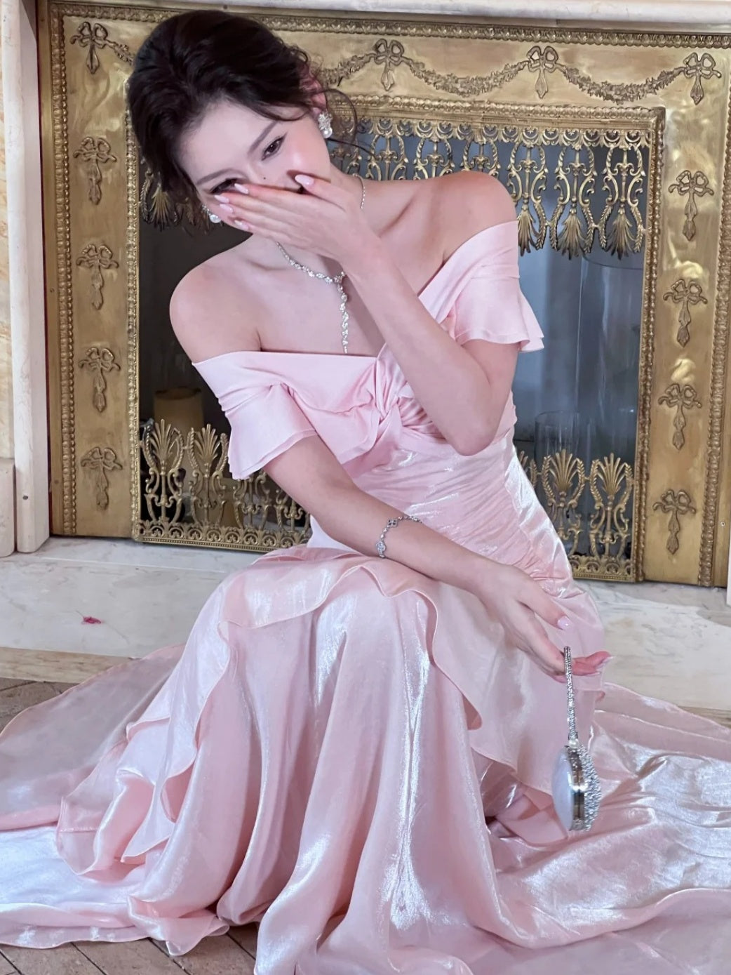 Chic Long Pink Prom Dress Satin Off-shoulder A-Line Evening Dress ED07284