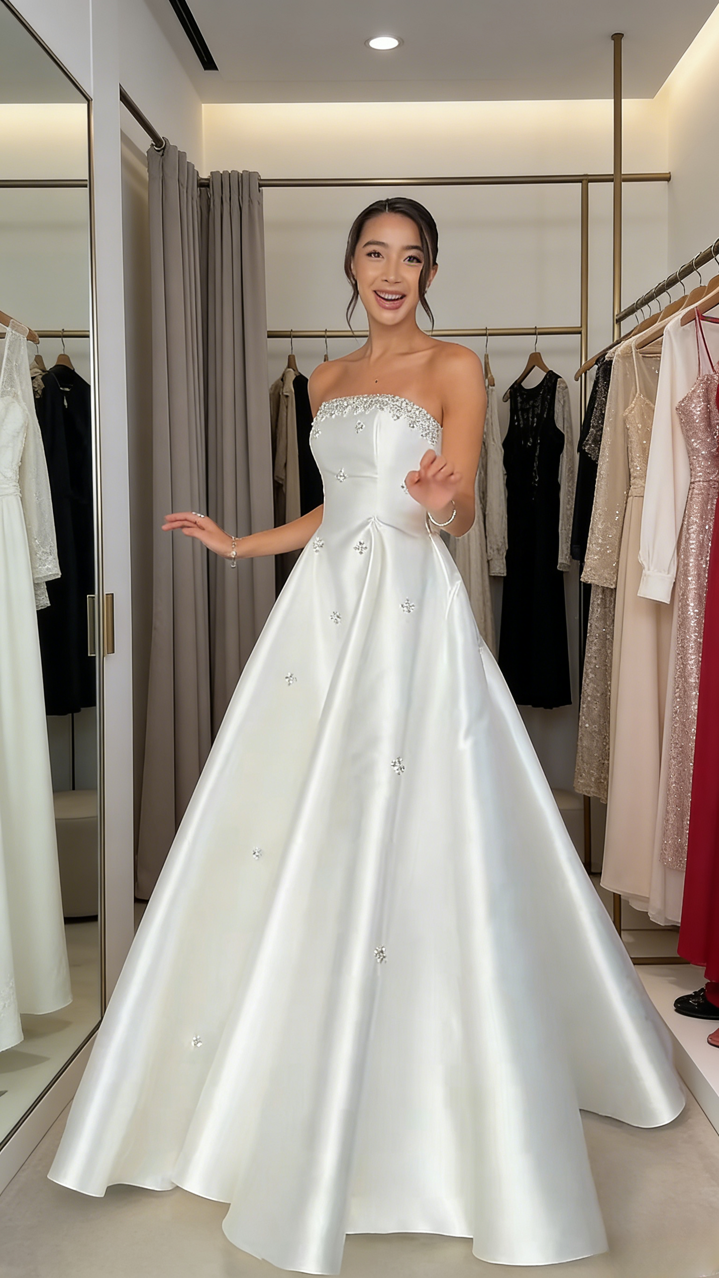 Glam White Prom Dress Strapless A-Line Long Satin Evening Dress ED07292