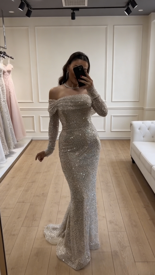 Chic Tulle Prom Dress Sequins Off-shoulder Sheath Long Evening Dress ED07295
