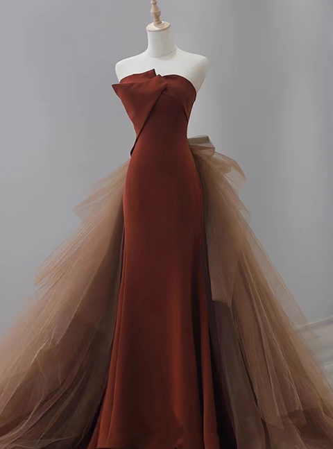 Unique Mermaid Satin Brown Long Prom Dress, Brown Long Evening Dress ED0730