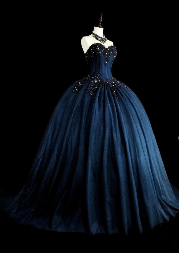 Cute Long Navy Blue Prom Dress Tulle A-Line Sweetheart Evening Dress Sleeveless Birthday Dress ED07306