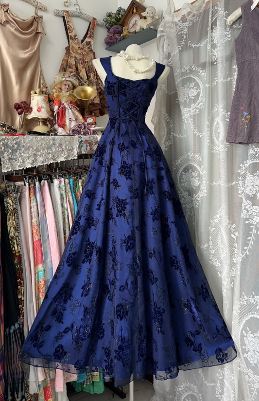 Chic Blue Long Prom Dress Printed Tulle Straps A-Line Evening Dress Sleeveless Birthday Dress ED07308