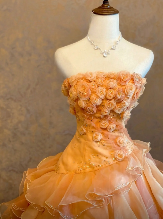 Sweet Strapless Orange Long Prom Dress Tulle A-Line Evening Dress Sleeveless Birthday Dress ED07310