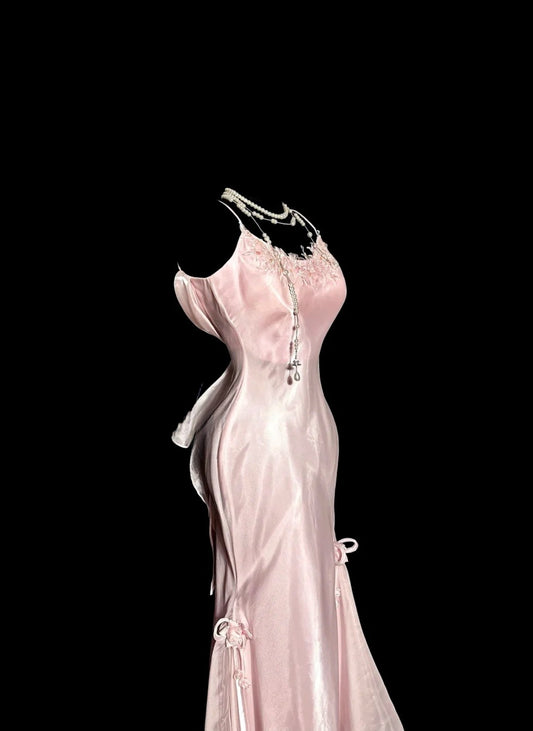 Chic Pink Long Prom Dress Spaghetti Straps Satin Mermaid Evening Dress Sleeveless Birthday Dress ED07315
