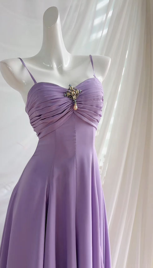 Chic Purple Wedding Guest Dress Chiffon Spaghetti Straps A-Line Evening Dress ED07320