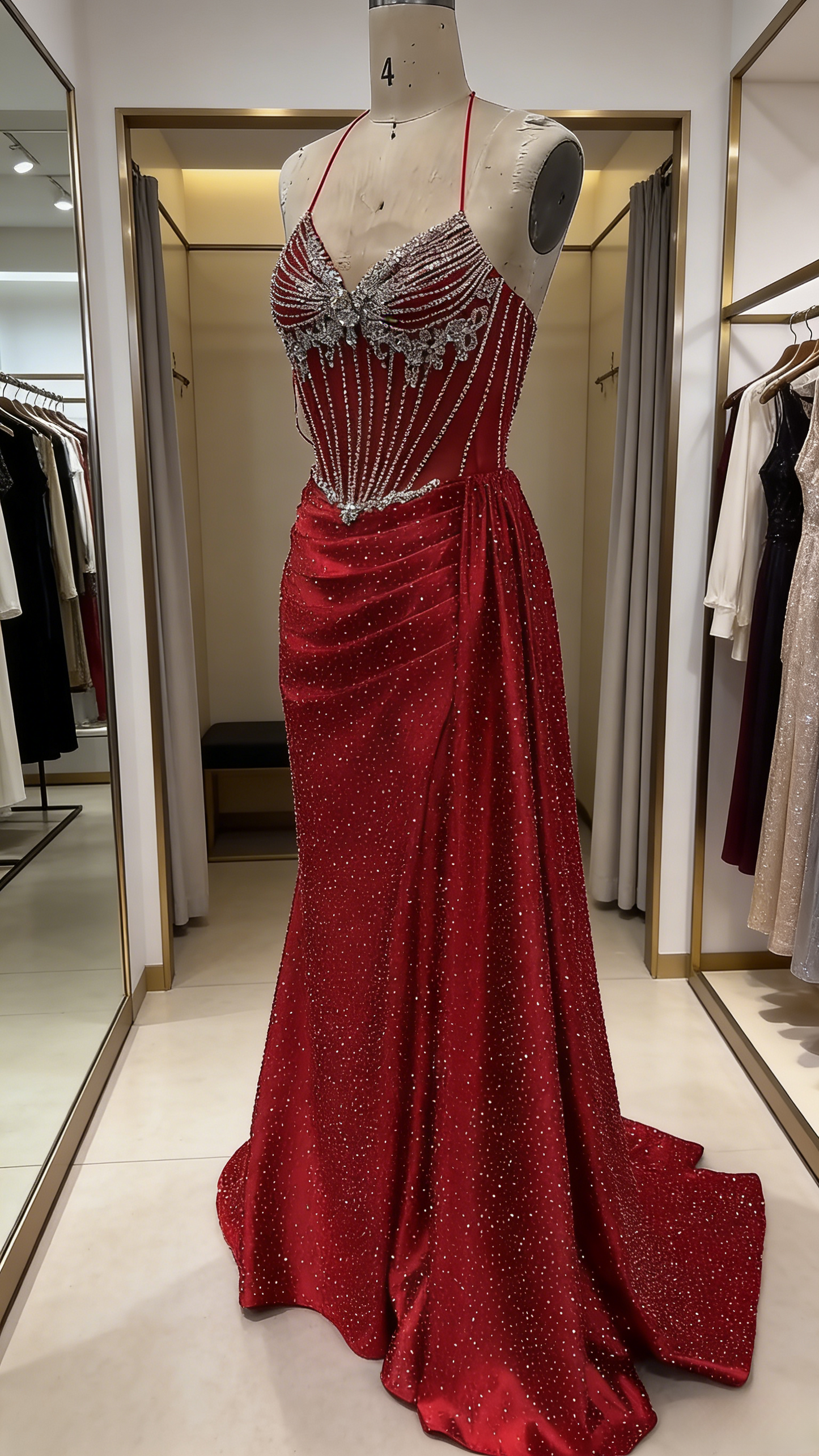 Robe de bal rouge tendance en satin, ornée de perles, dos nu, bretelles spaghetti, coupe fourreau, référence ED07326