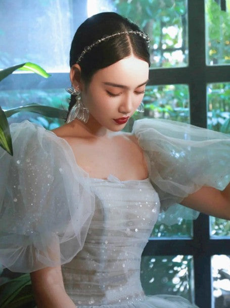 A-Linie Puffärmel Blau Langes Ballkleid, Tüll Abendkleid ED0733