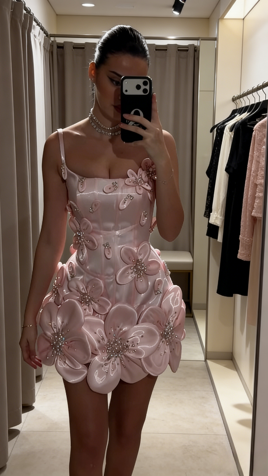 Cute Pink Prom Dress Satin Sheath Spaghetti Straps Evening Dress 3D Appliques Sleeveless Short Birthday Dress ED07331