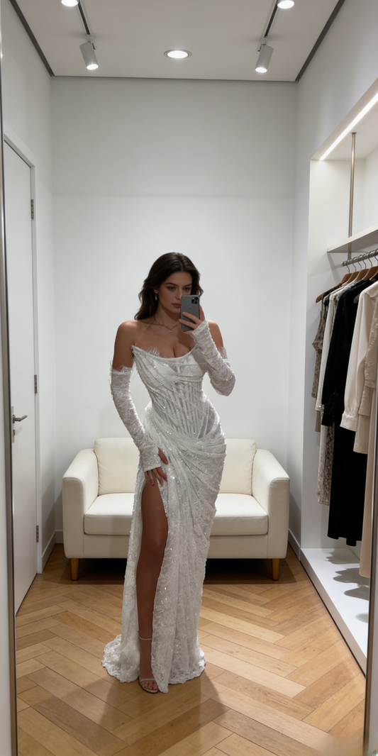 Gorgeous White Prom Dress Lace Formal Dress Sheath Strapless Evening Dress With Slit ED07332