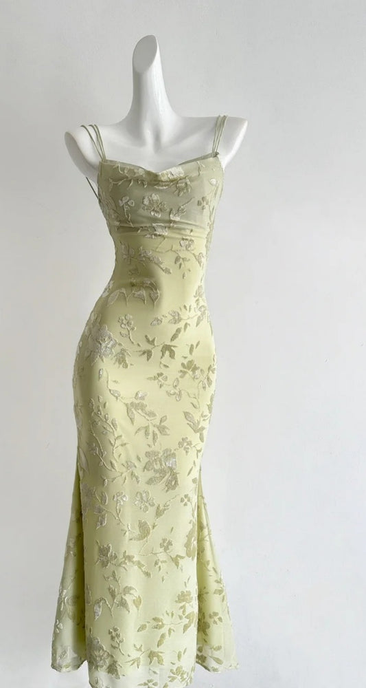 Fairy Long Green Prom Dress Spaghetti Straps Sheath Evening Dress Jacquard Chiffon Formal Dress ED07337