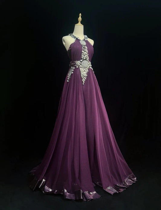 Chic Long Purple Prom Dress Halter A-line Evening Dress Chiffon Formal Dress ED07341