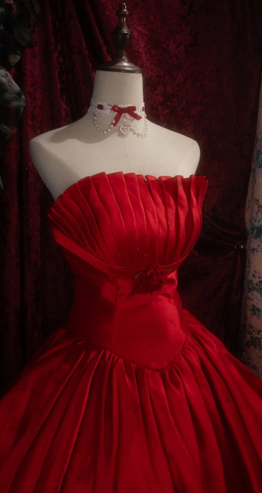 Chic Long Red Prom Dress Strapless A-Line Evening Dress Satin Formal Dress ED07343