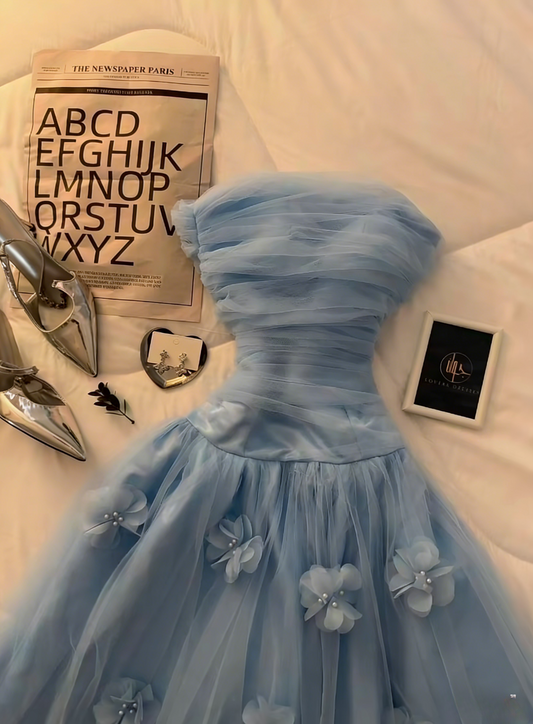 Cute Long Light Blue Prom Dress A-Line Strapless Birthday Dress Tulle Sleeveless Evening Dress ED07348