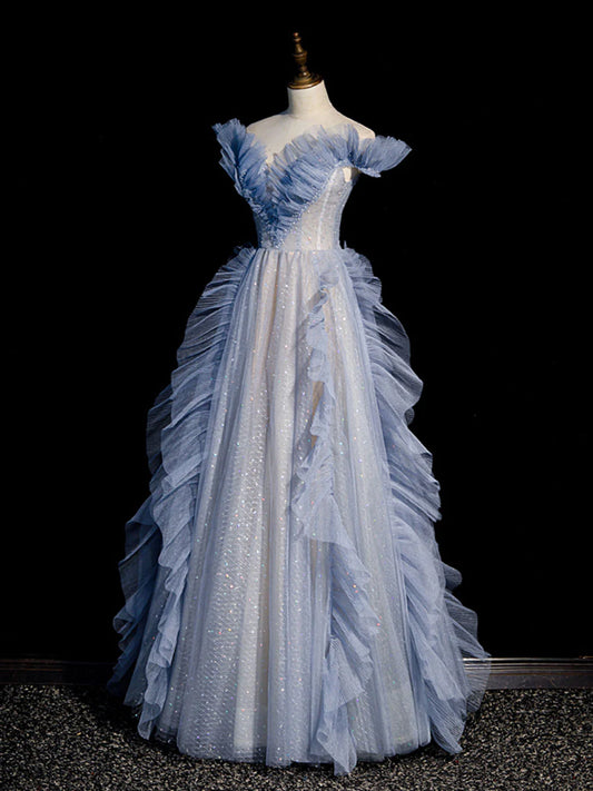 Blue Off Shoulder Tulle Sequin Beading Long Prom Dress, Blue Formal Dress ED0736