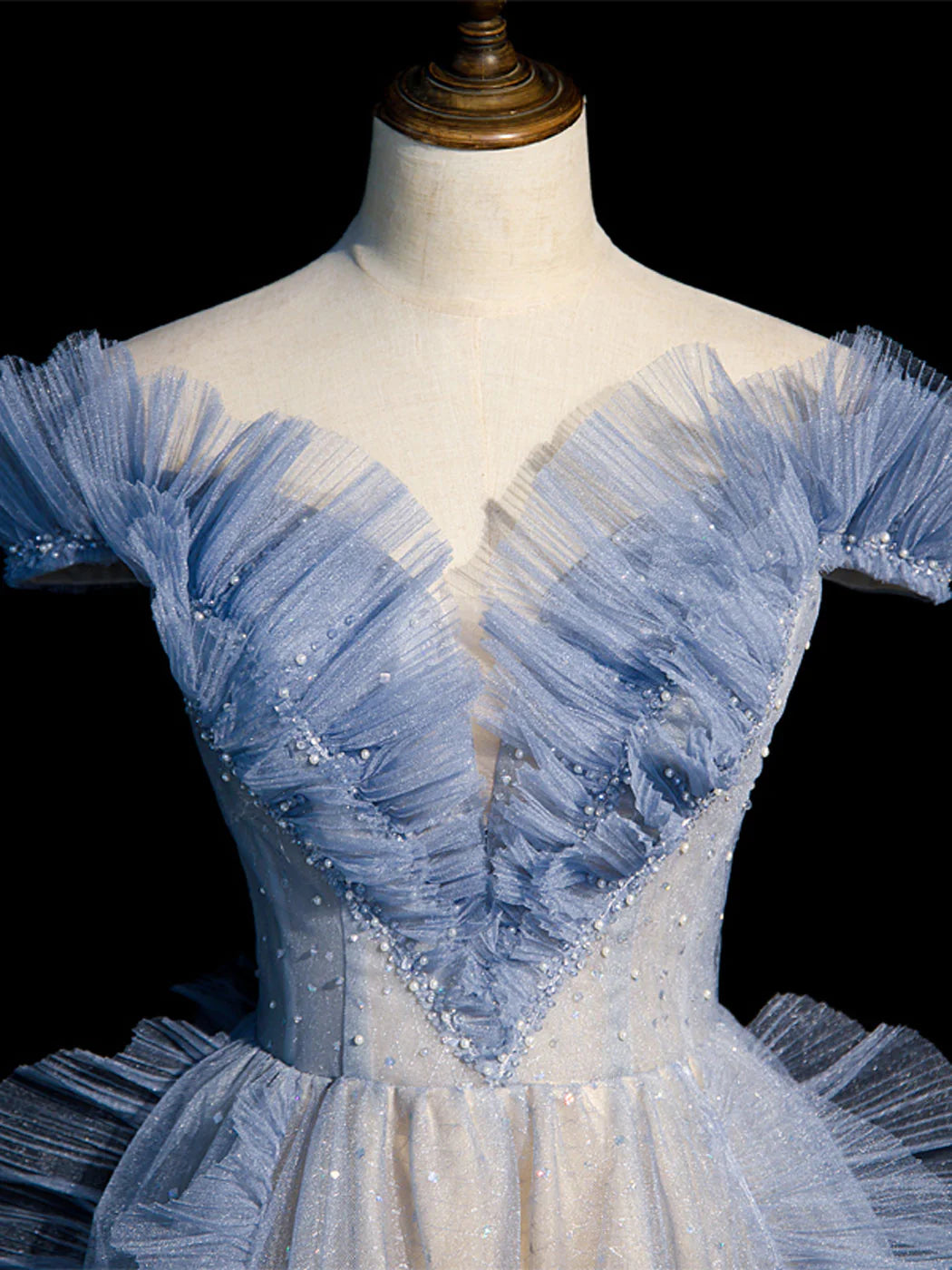 Blue Off Shoulder Tulle Sequin Beading Long Prom Dress, Blue Formal Dress ED0736