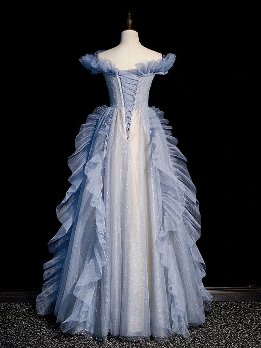 Blue Off Shoulder Tulle Sequin Beading Long Prom Dress, Blue Formal Dress ED0736