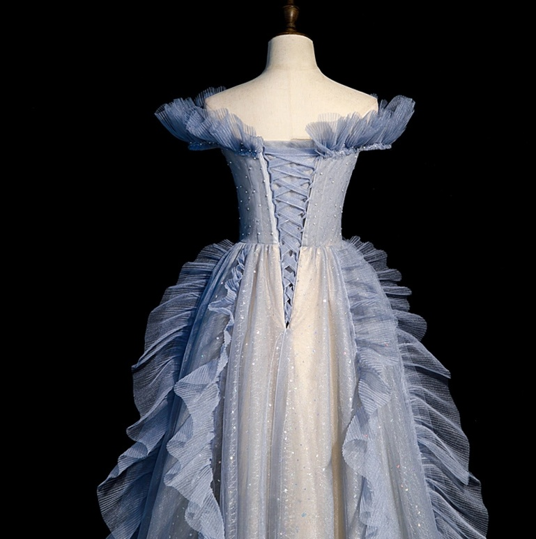 Blue Off Shoulder Tulle Sequin Beading Long Prom Dress, Blue Formal Dress ED0736