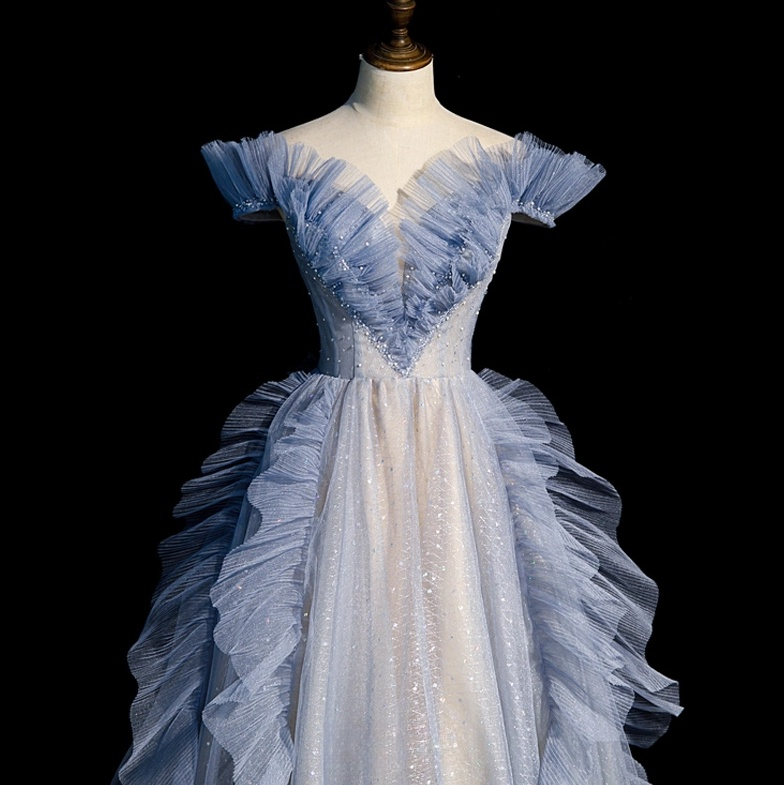 Blue Off Shoulder Tulle Sequin Beading Long Prom Dress, Blue Formal Dress ED0736