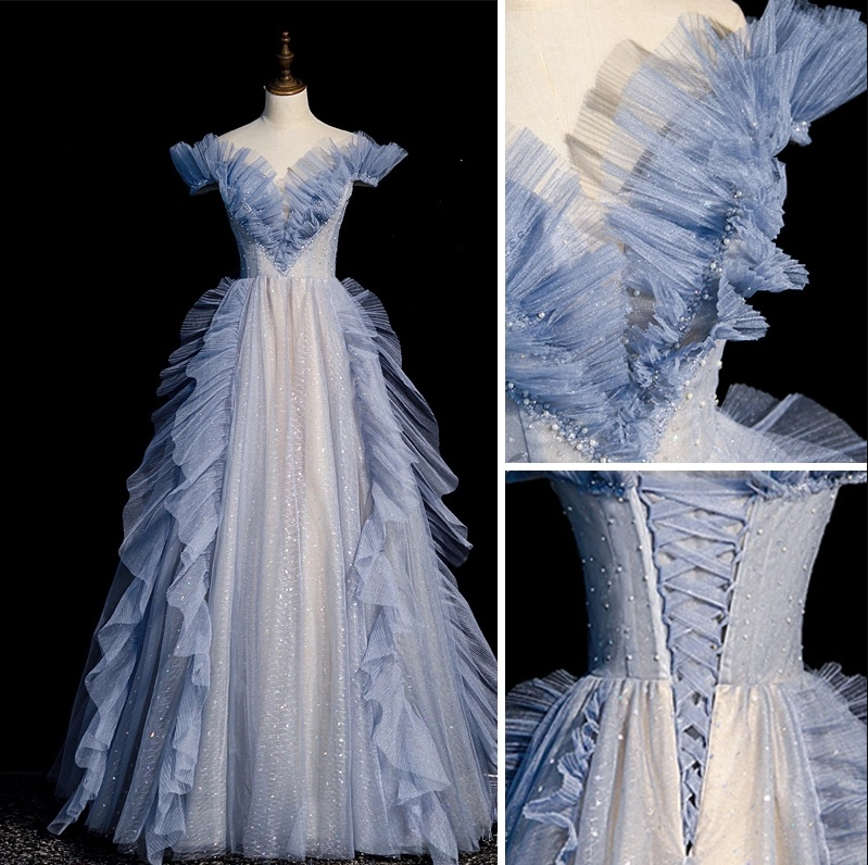 Blue Off Shoulder Tulle Sequin Beading Long Prom Dress, Blue Formal Dress ED0736