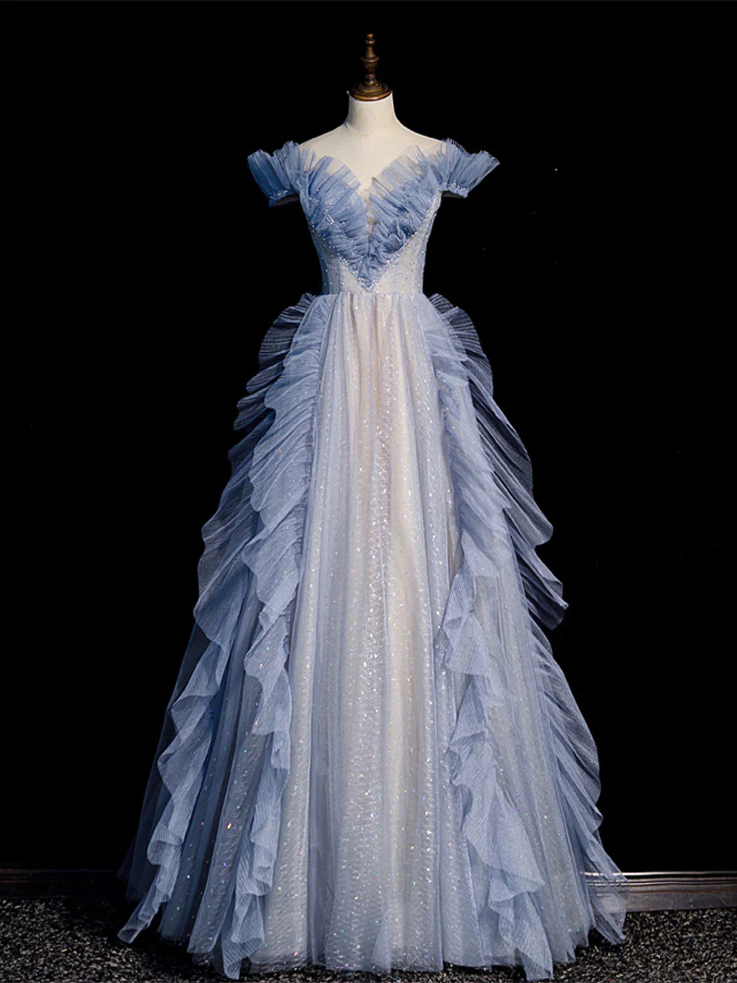 Blue Off Shoulder Tulle Sequin Beading Long Prom Dress, Blue Formal Dress ED0736