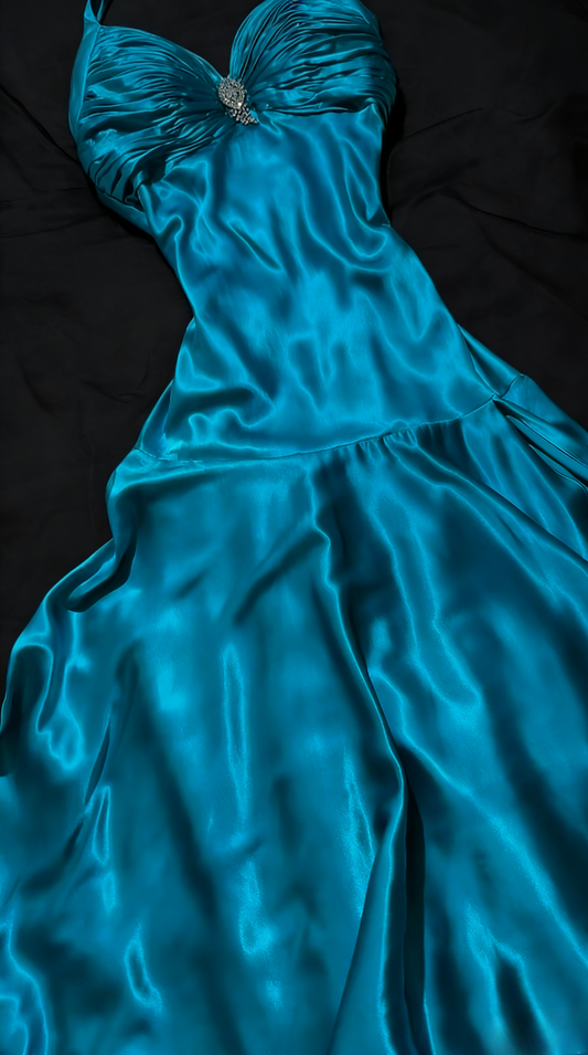 Simple Sheath Halter Evening Dress Long Satin Teal Prom Dress ED07364