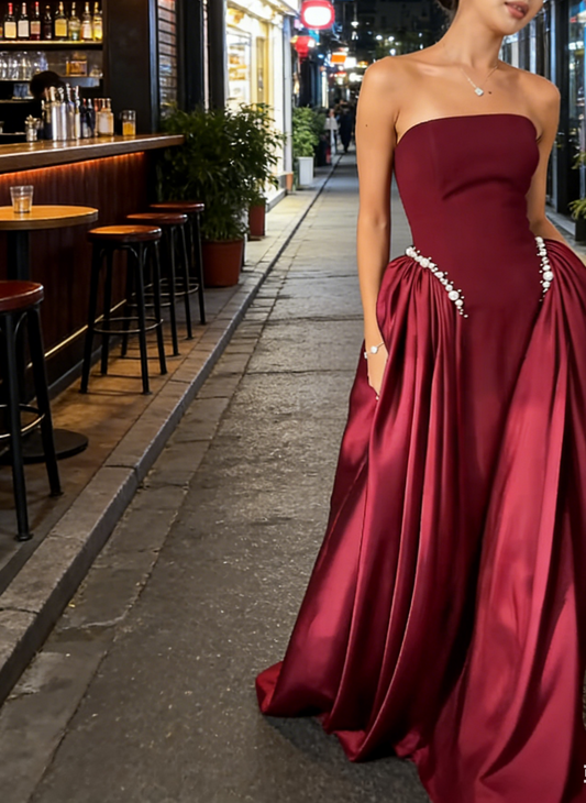 Simple A-Line Strapless Evening Dress Long Satin BurgundyProm Dress ED07365