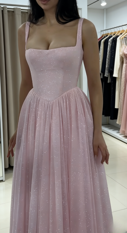 Robe de bal rose à paillettes en tulle, coupe trapèze, bretelles mignonnes, référence ED07375