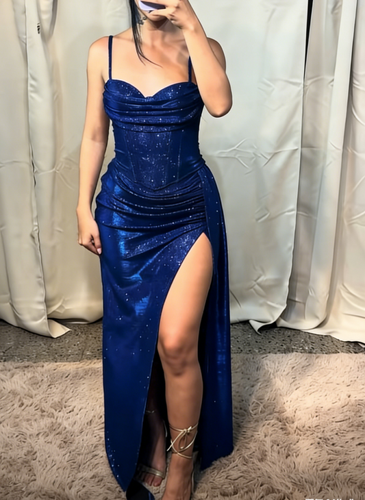 Chic Sheath Spaghetti Straps Evening Dress Glitter Satin Blue Prom Dress with Slit ED07376