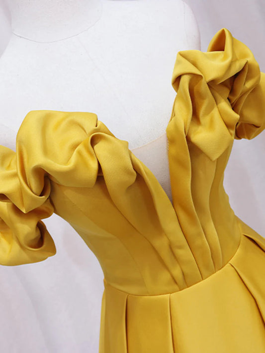 A-Line Off Shoulder Satin Yellow Long Prom Dress, Yellow Formal Dress ED0738