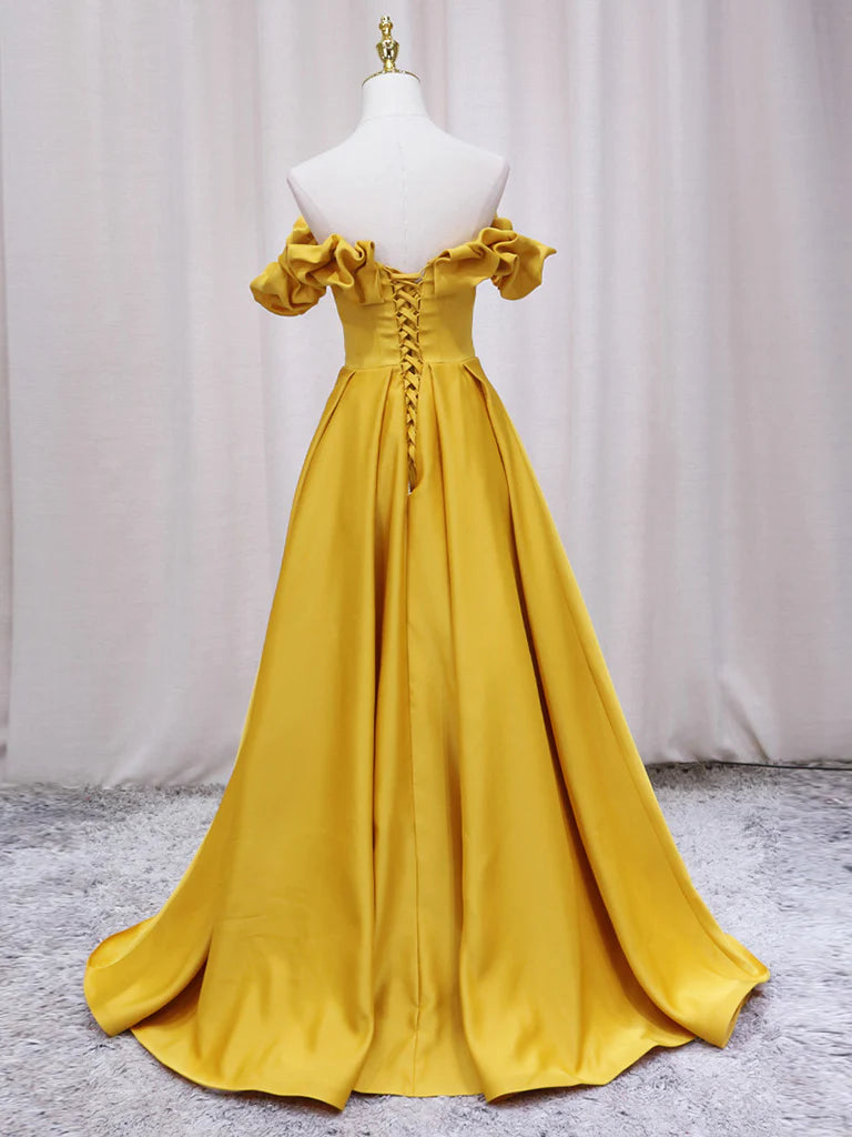 A-Line Off Shoulder Satin Yellow Long Prom Dress, Yellow Formal Dress ED0738