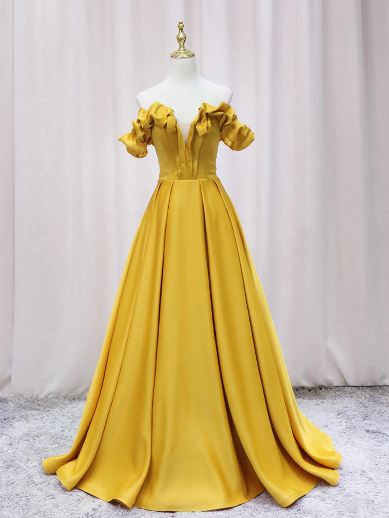 A-Line Off Shoulder Satin Yellow Long Prom Dress, Yellow Formal Dress ED0738