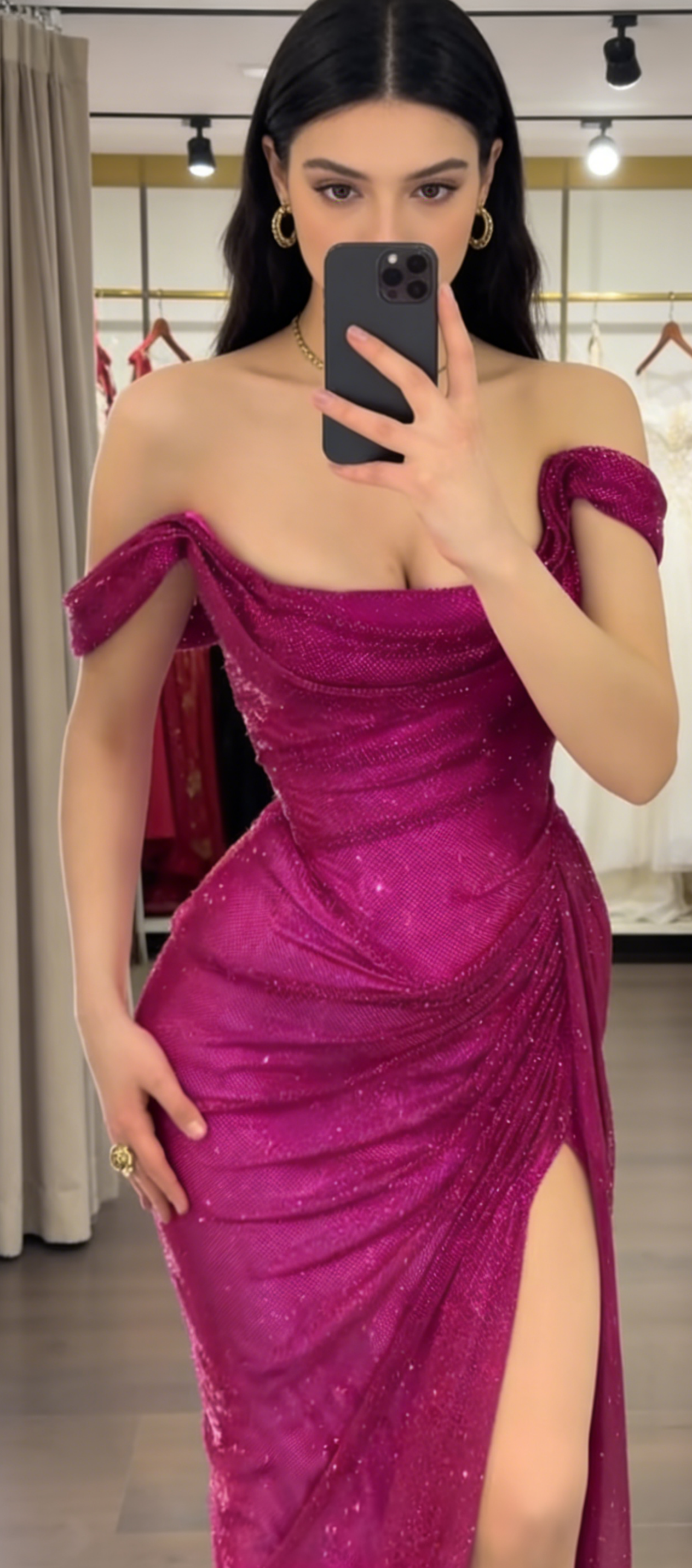 Fashion Hot Pink Prom Dress Glitter Tulle Off-shoulder Sheath Long Evening Dress ED07381