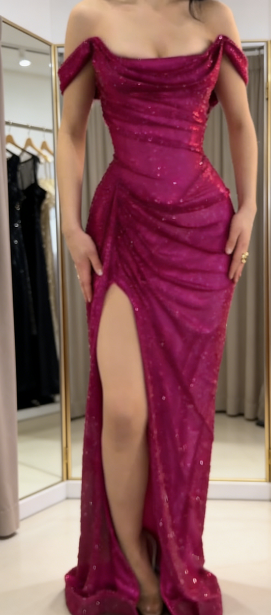 Fashion Hot Pink Prom Dress Glitter Tulle Off-shoulder Sheath Long Evening Dress ED07381