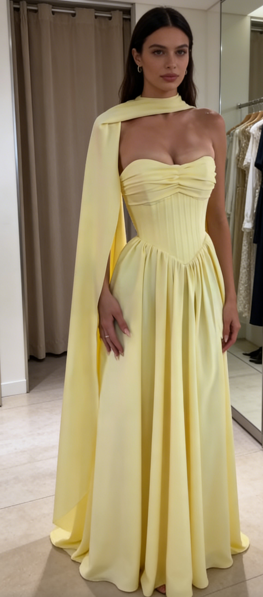 Elegant A-Line Strapless Evening Dress Long Satin Yellow Prom Dress ED07385