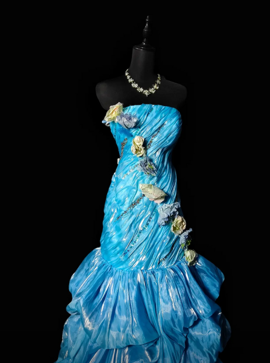 Elegant Sheath Strapless Evening Dress Long Satin Blue Prom Dress ED07388
