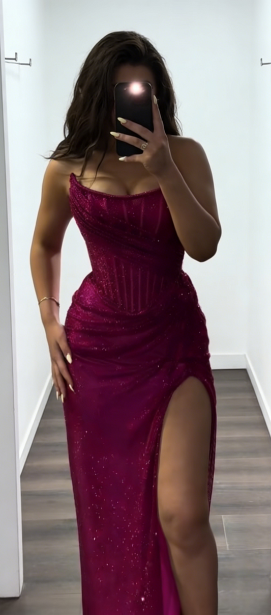 Classy Sheath Strapless Evening Dress Long Glitter Tulle Hot Pink Prom Dress with Slit ED07390