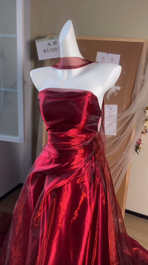 Classy A-Line Strapless Evening Dress Long Satin Burgundy Prom Dress ED07391