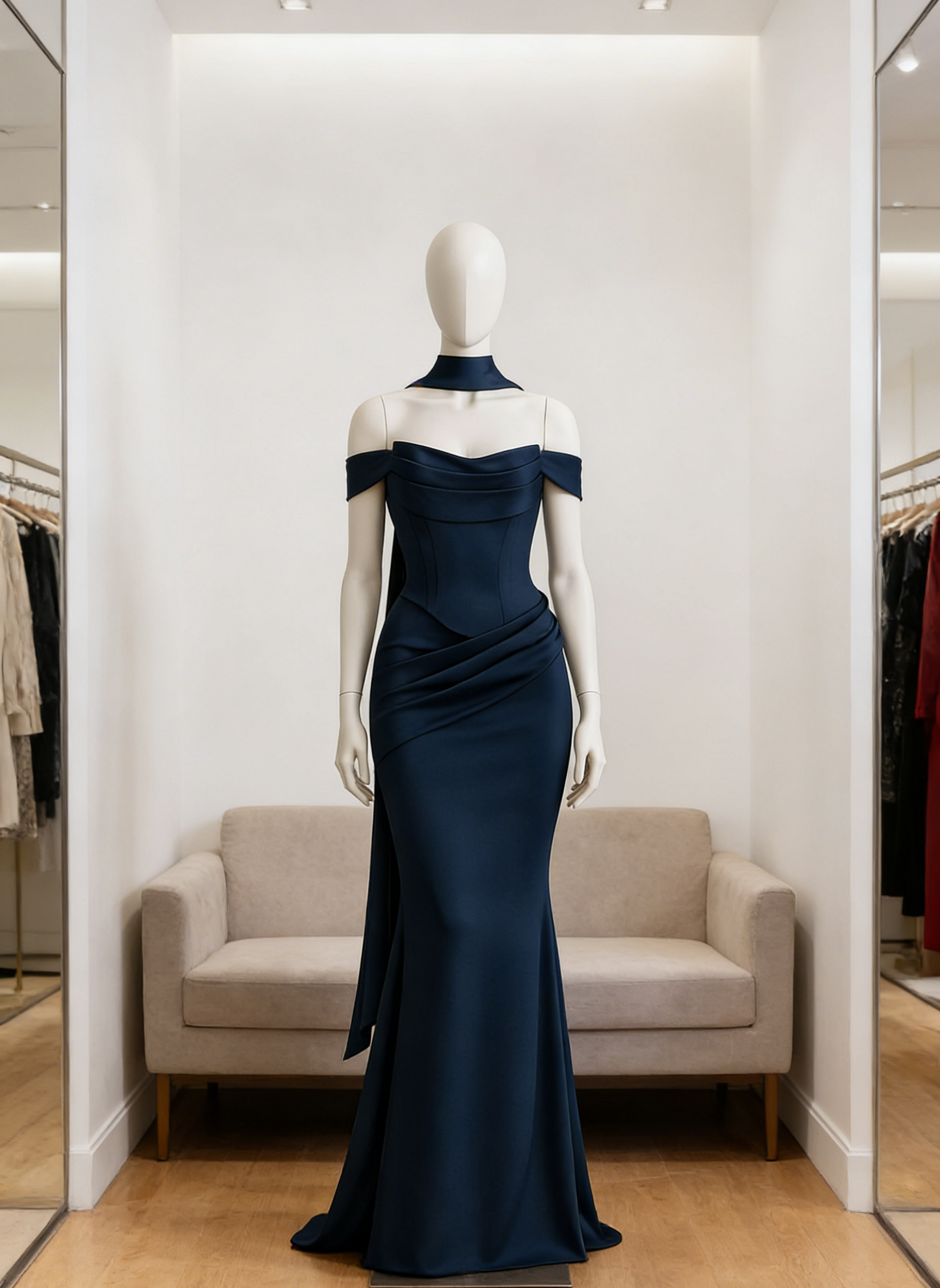 Chic Sheath Off-shoulder Evening Dress Long Satin Navy Blue Prom Dress ED07395