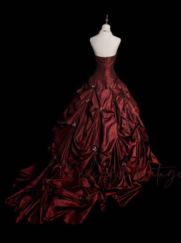 Chic A-Line Strapless Evening Dress Long Appliques Satin Burgundy Prom Dress ED07396
