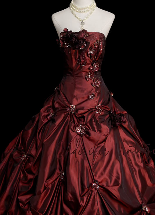 Chic A-Line Strapless Evening Dress Long Appliques Satin Burgundy Prom Dress ED07396