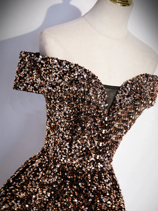 A-Line Off Shoulder Coffee Gold Sequin Long Prom Dress, Coffee Gold Formal Dress ED0740