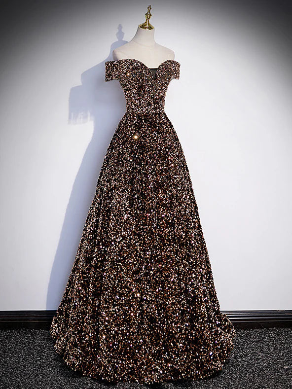 A-Line Off Shoulder Coffee Gold Sequin Long Prom Dress, Coffee Gold Formal Dress ED0740
