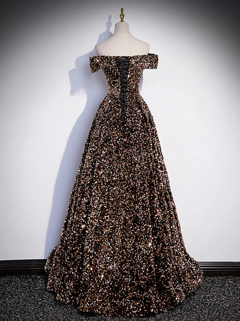 A-Line Off Shoulder Coffee Gold Sequin Long Prom Dress, Coffee Gold Formal Dress ED0740