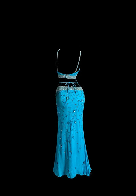 Chic Blue Prom Dress Beaded Chiffon Spaghetti Straps Sheath Long Evening Dress ED07409