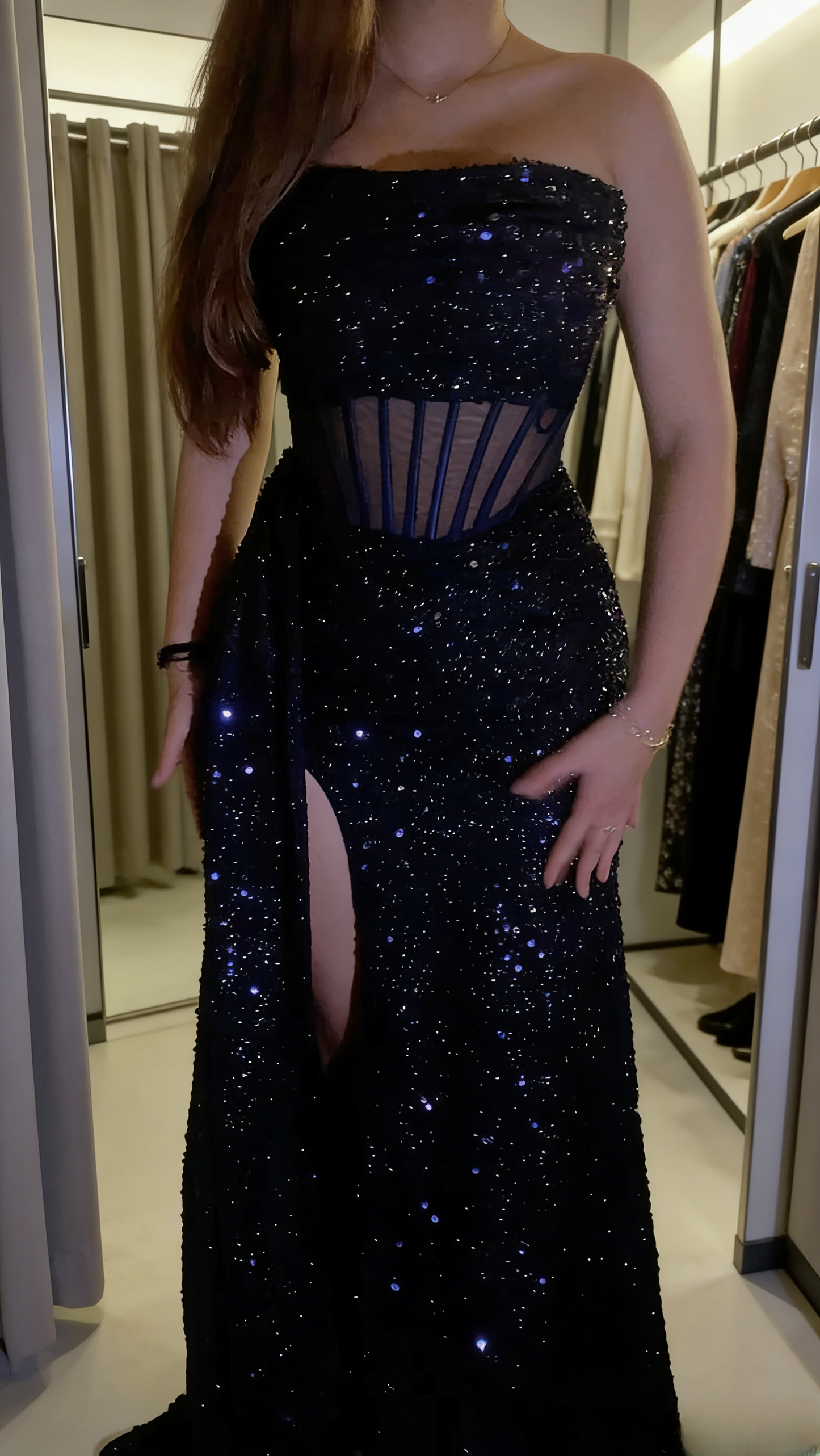 Sexy Navy Blue Prom Dress Sequins Strapless Sheath Long Evening Dress with Slit ED07417