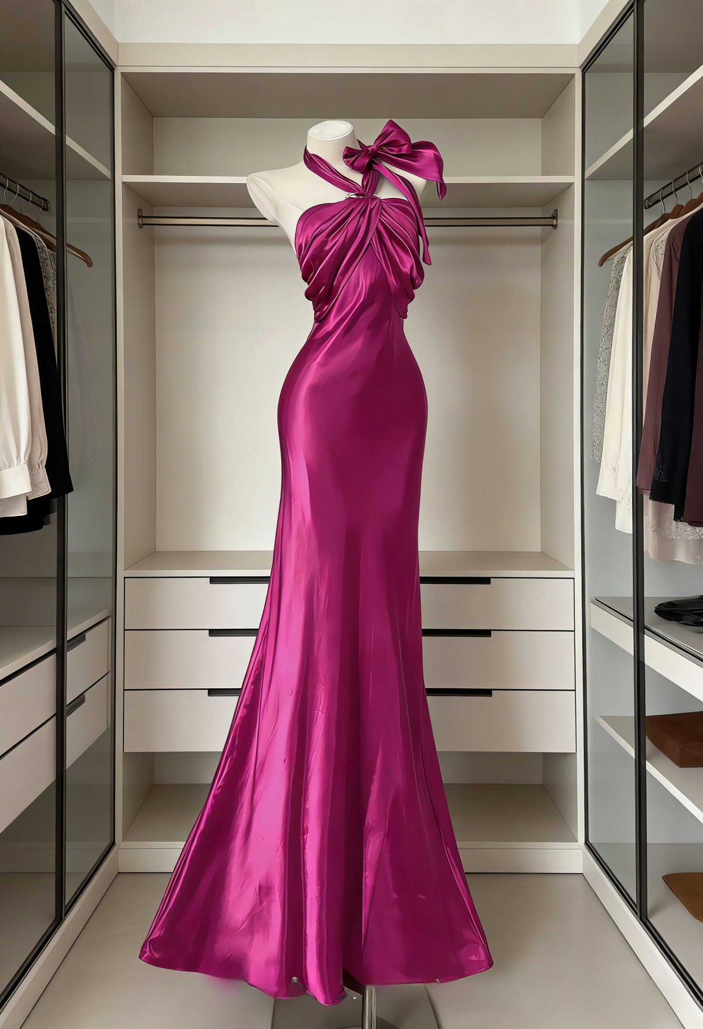 Fashion Hot Pink Prom Dress Satin Halter Sheath Long Evening Dress ED07420