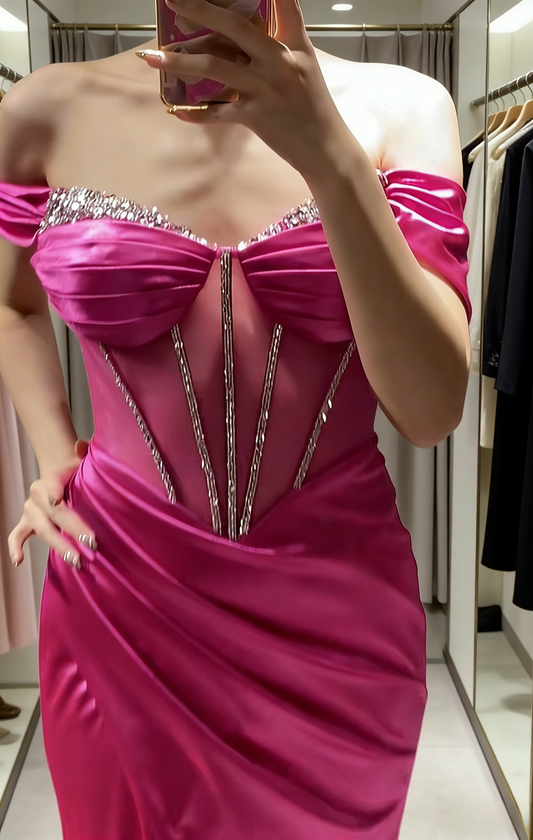 Fashion Hot Pink Prom Dress Satin Off-shoulder Sheath Long Evening Dress with Slit ED07421