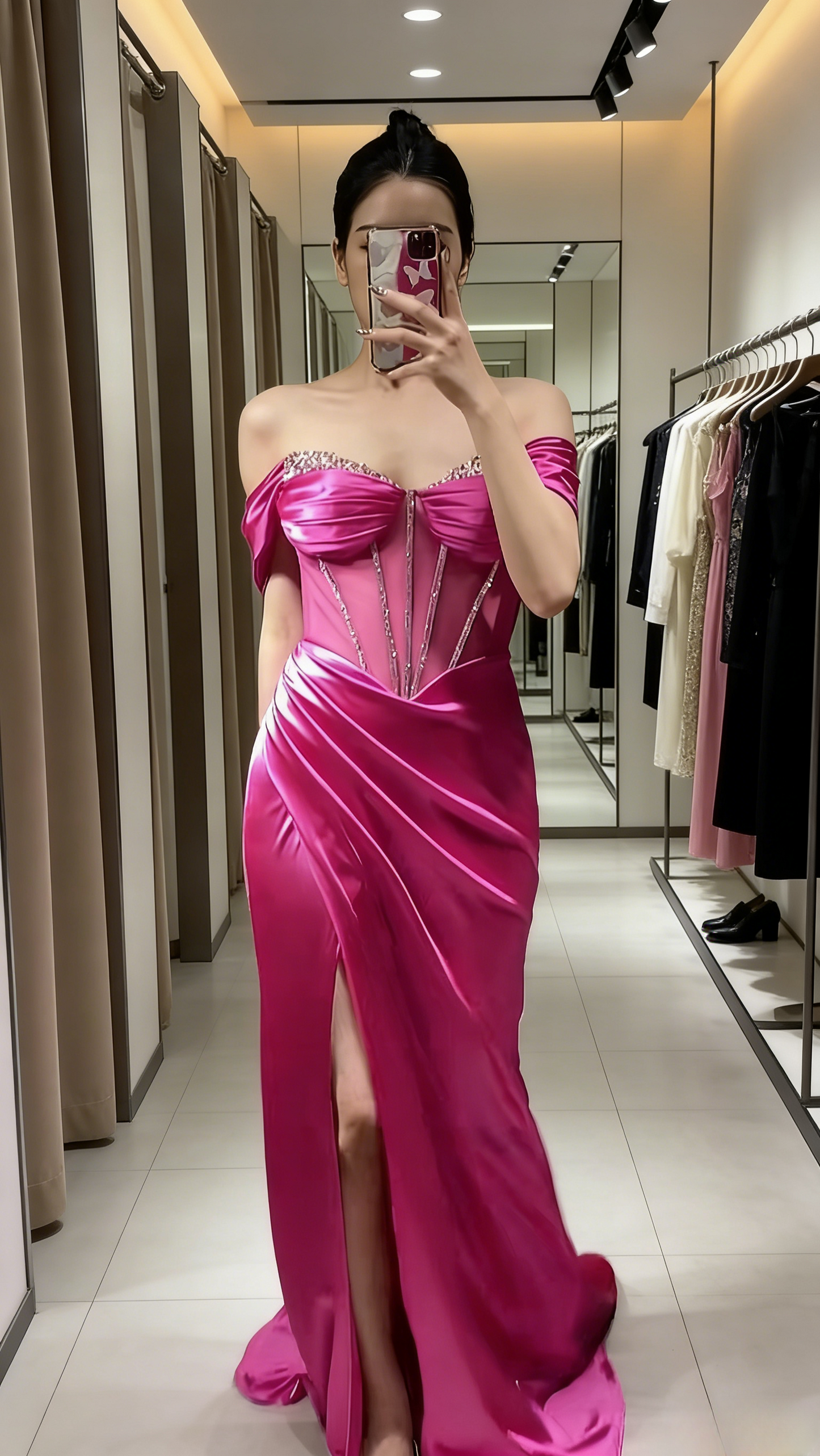 Fashion Hot Pink Prom Dress Satin Off-shoulder Sheath Long Evening Dress with Slit ED07421
