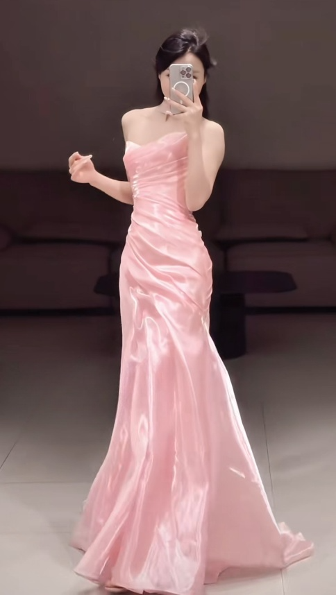 Fashion Pink Prom Dress Tulle Strapless Sheath Long Evening Dress ED07422