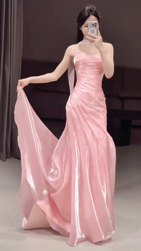 Fashion Pink Prom Dress Tulle Strapless Sheath Long Evening Dress ED07422